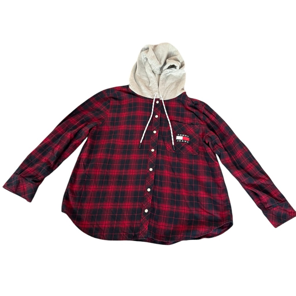 Tommy Hilfiger Shirt Plaid Red Black Button Up Hooded Flannel Long Sleeve SZ L‎